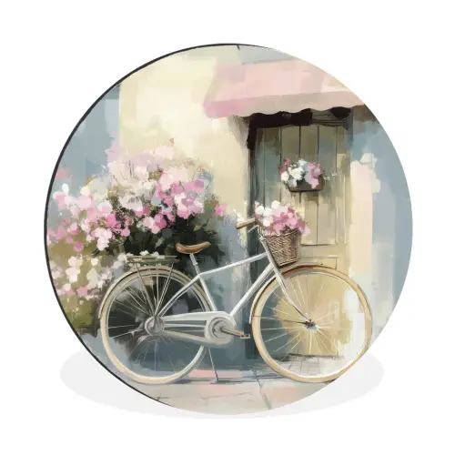 Fiets - Pastelkleuren - Bloemen Wandcirkel aluminium klein -3d
