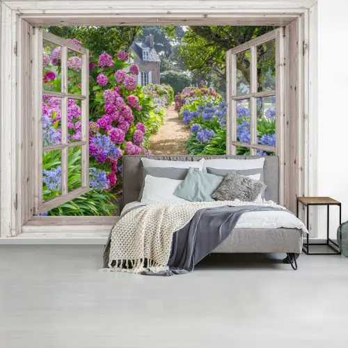 Hortensia - Doorkijk - Bloemen - Zomer - Paars - Pad fotobehang vinyl groot -slaapkamer