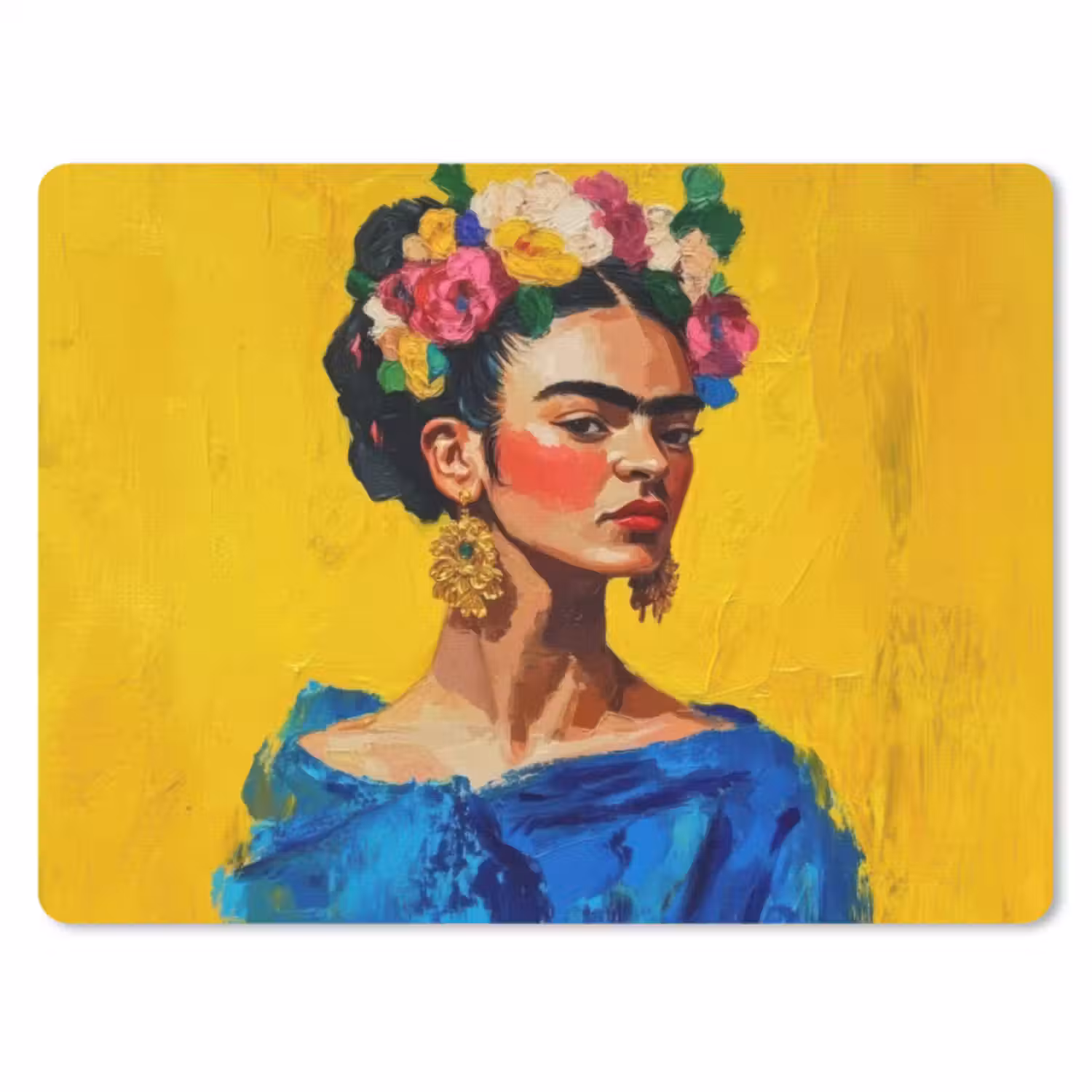 Muismat - Frida Kahlo - Vrouw - Geel - Blauw - Bloemen