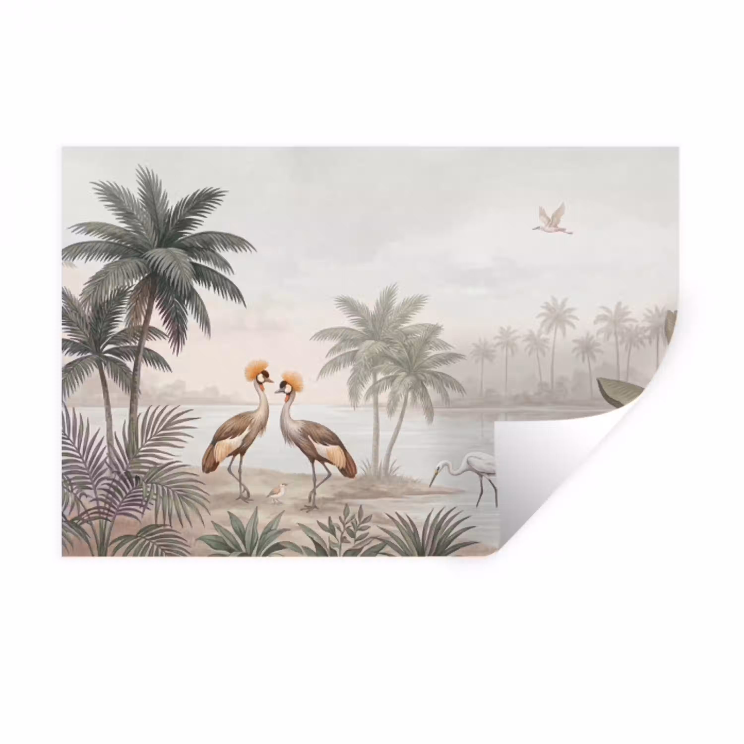 Kraanvogels - Palmbomen - Tropisch Muursticker klein -3d