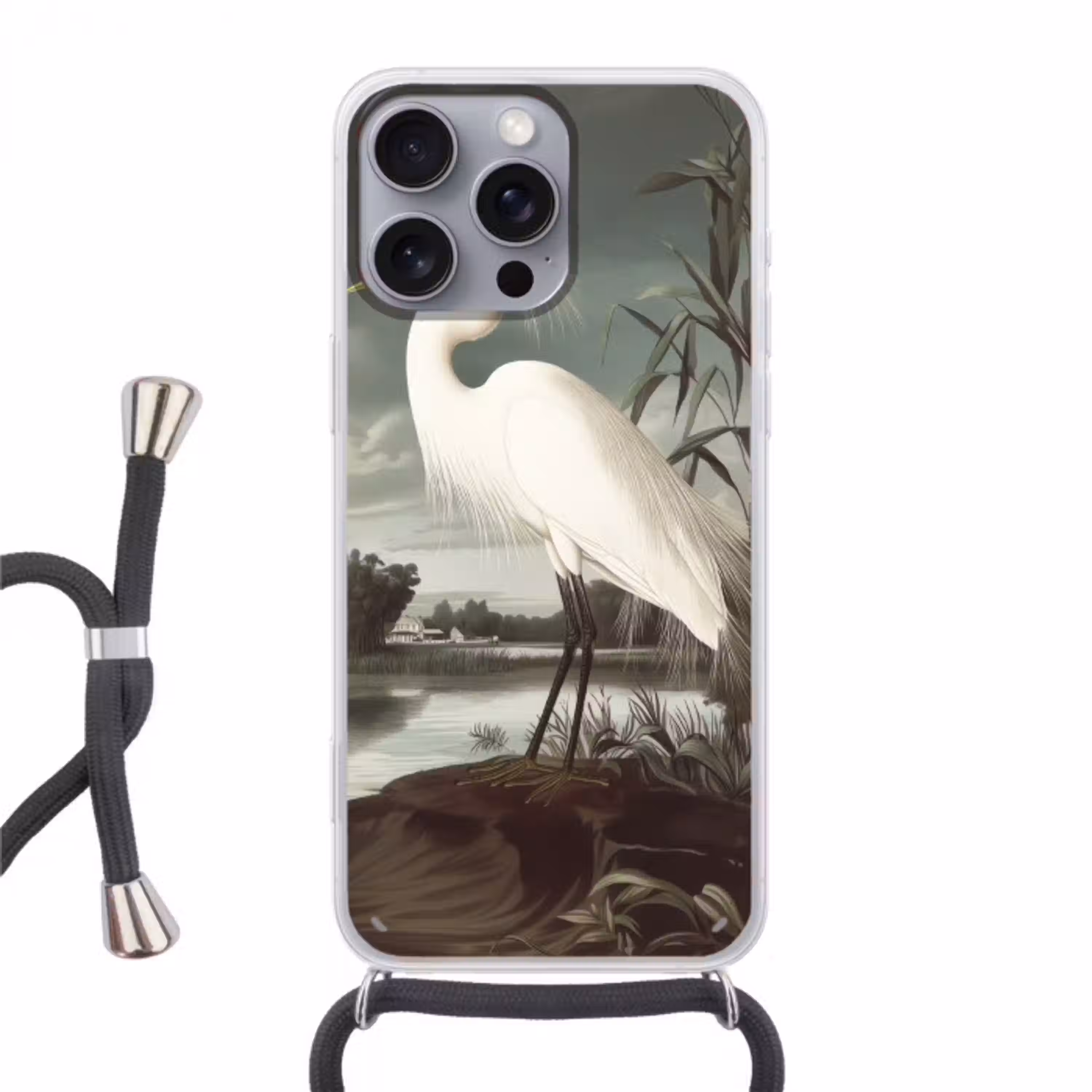 Reiger - Planten - Wolken - Wit Hoesje iPhone 16 Pro Max met koord klein -3d
