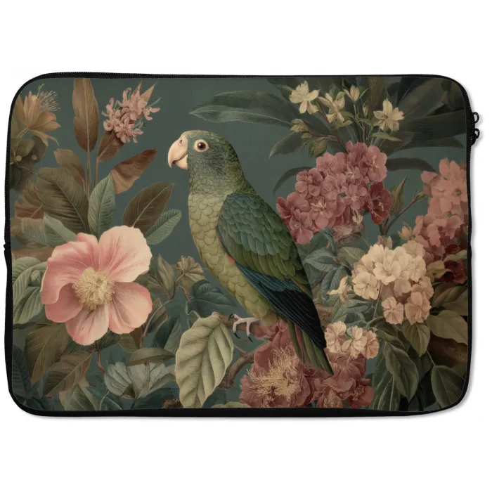 Groene papegaai - Kleurrijke bloemen - Donkere achtergrond laptophoes neopreen klein -zkaufland3dotto