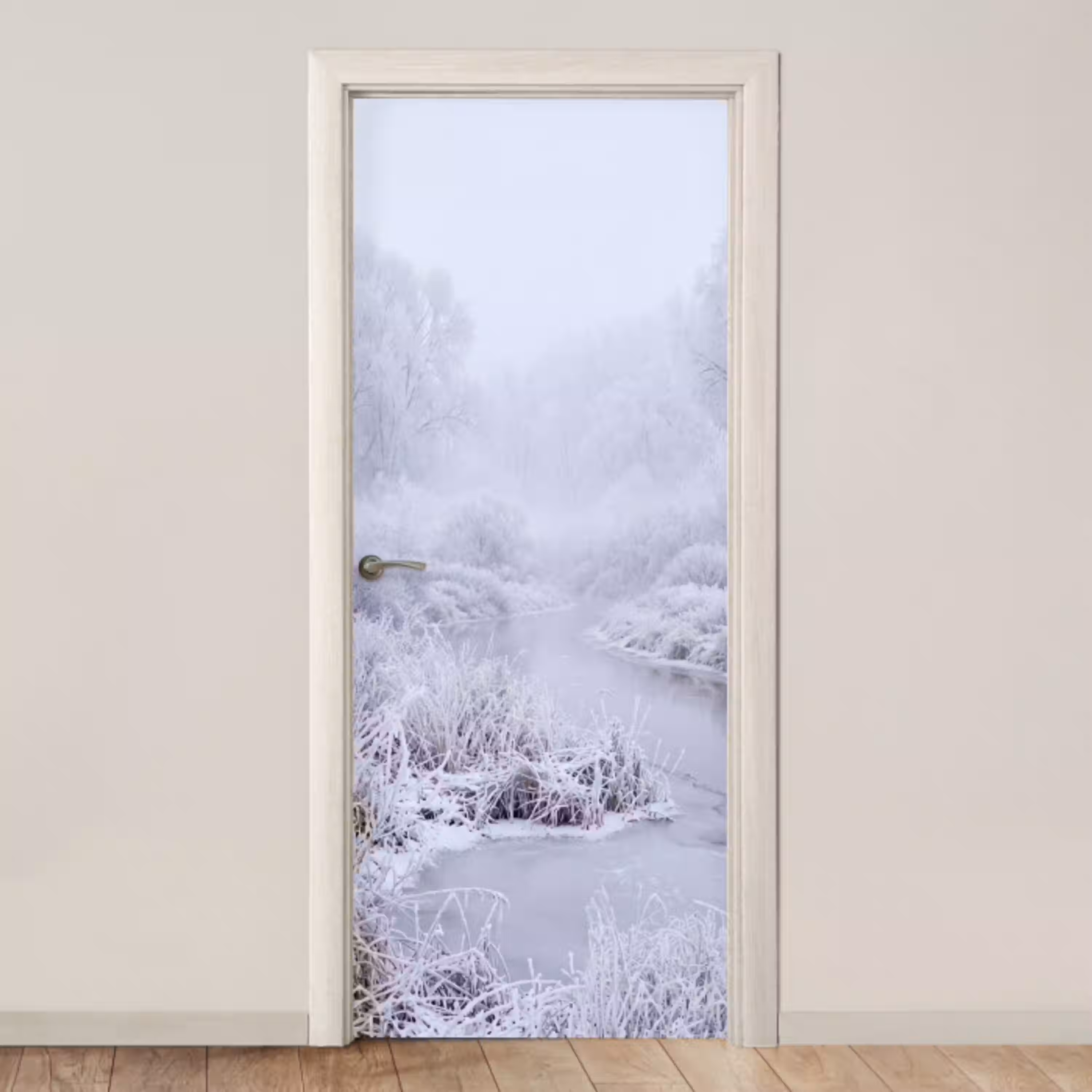 Rivier - Sneeuw - Bos - Winter - Schilderachtig deurposter klein -3d_beige