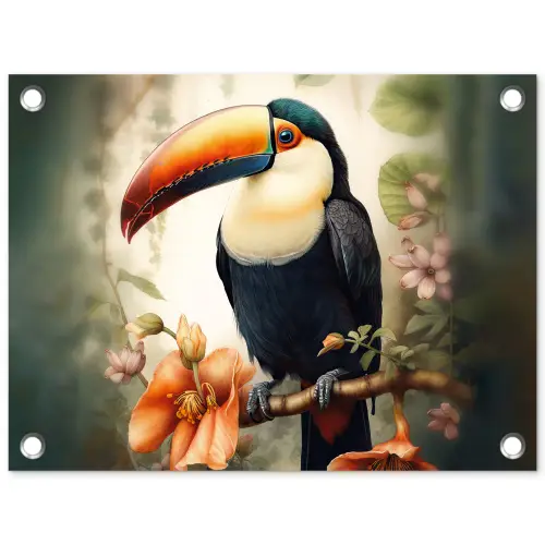 Toekan - Vogel - Bloemen - Planten tuinposter los doek klein -3d