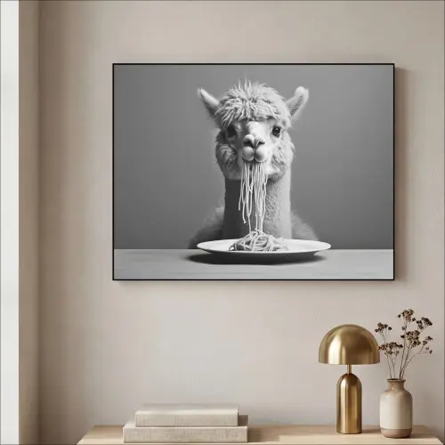 Alpaca - Pasta - Zwart - Wit - Grappig - Dieren Textielframe - compleet frame klein -sfeer2