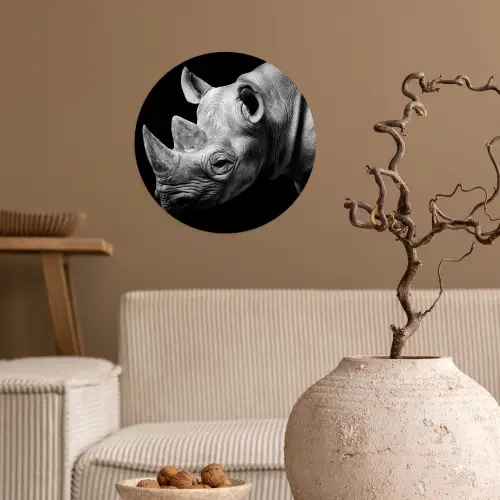 Dieren - Neushoorn - Zwart - Wit - Portret Wandcirkel behangsticker klein -sfeer1