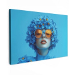 Vrouw - Bloem - Blauw - Modern - Bril - Portret Tuinposter op houten frame 2 cm dik klein -3d