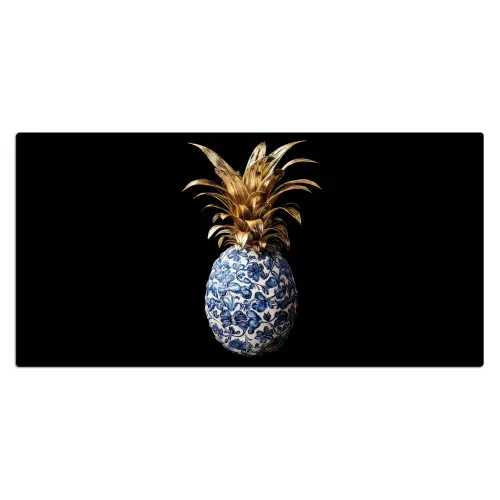Ananas - Bloemen patroon - Goud - Delftsblauw Muismat XXL klein -3d_leeg