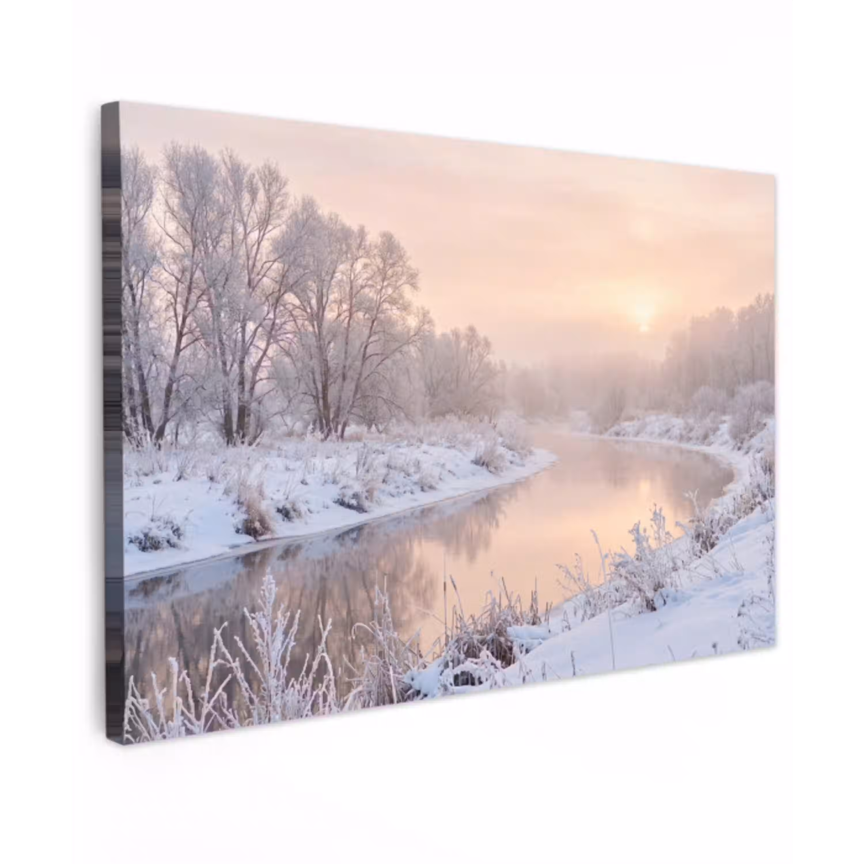 Rivier - Winter - Landschap - Sneeuw - Zonsopgang Tuinposter op houten frame 2 cm dik klein -3d
