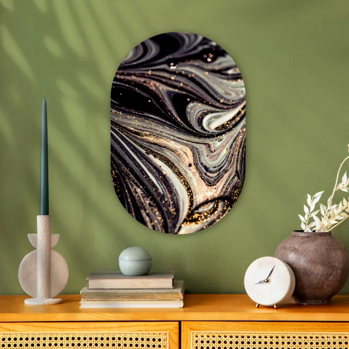 Marmerlook - Zwart - Goud - Wit - Glitter - Marmer Wandcirkel Ovaal Forex klein -sfeer2