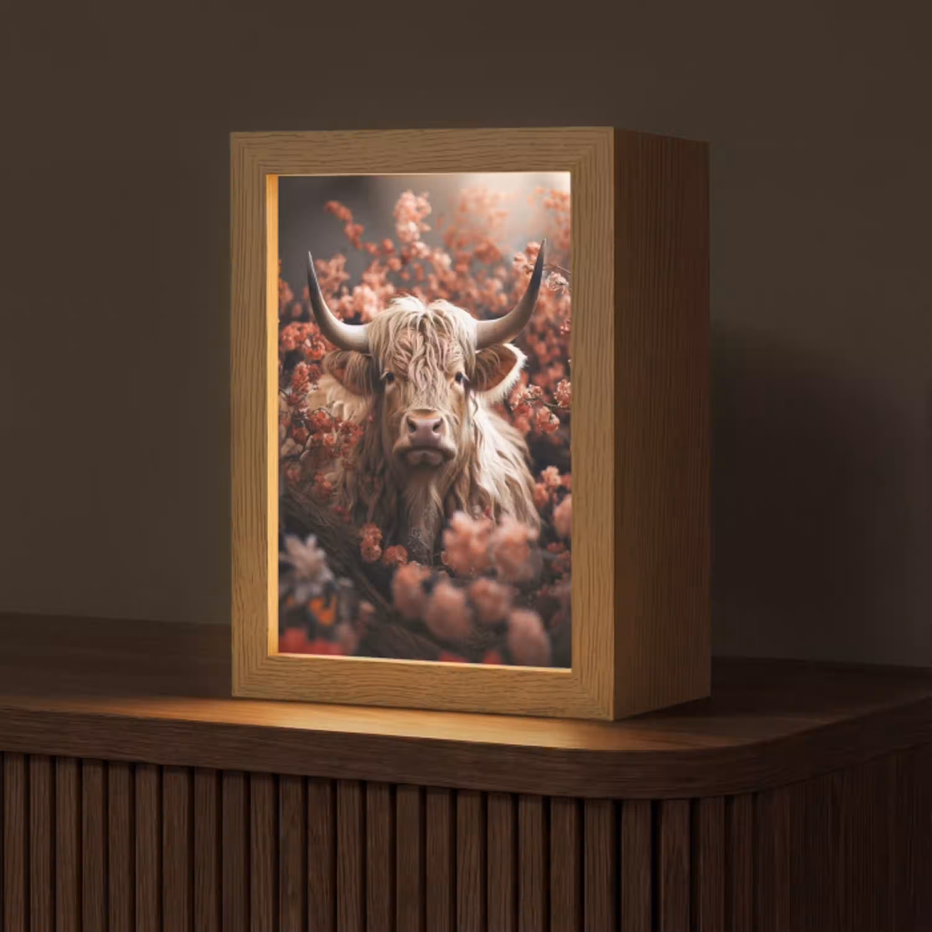 Schotse hooglander - Dier - Natuur - Bloemen - Botanisch Light Box met kabel (Tafellamp) klein -z3d_website