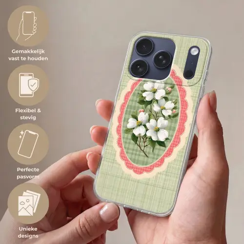 Bloemen - Illustratie - Geruit - Groen Telefoonhoesje iPhone 17 Pro klein -sfeer3_NL