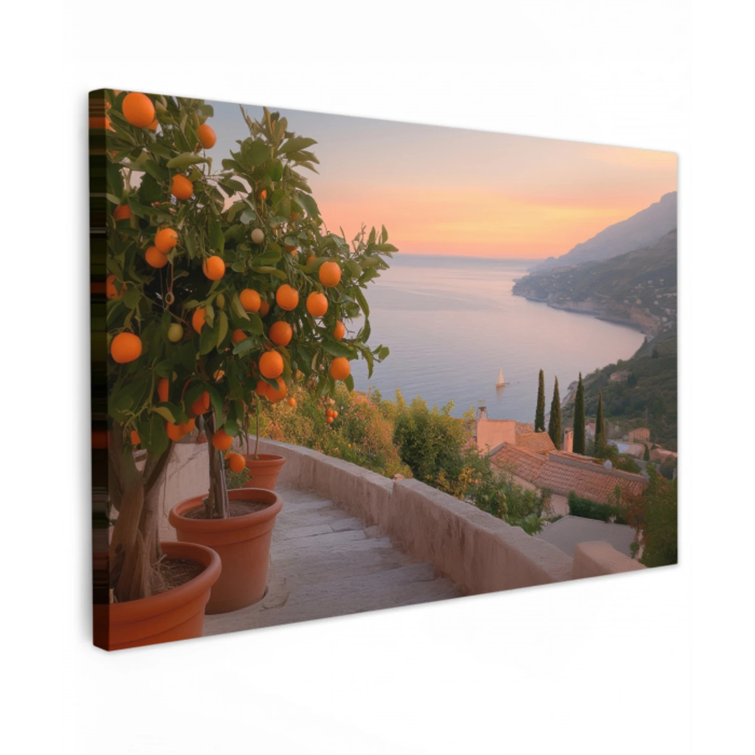 Middelandse zee - Sinaasappel - Heuvels - Zee Tuinposter op houten frame 2 cm dik klein -3d