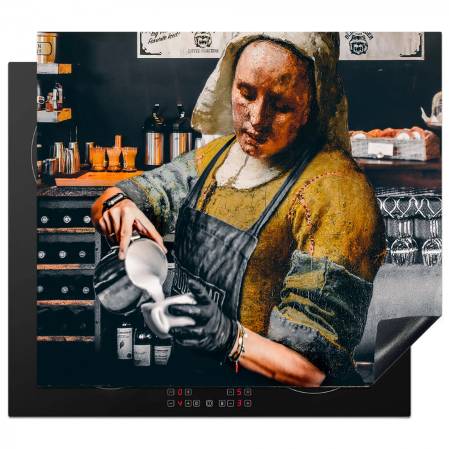Melkmeisje - Barista - Koffie - Vintage - Kunst - Abstract - Schilderij - Oude meesters Inductie beschermer vinyl 3mm middel -3d