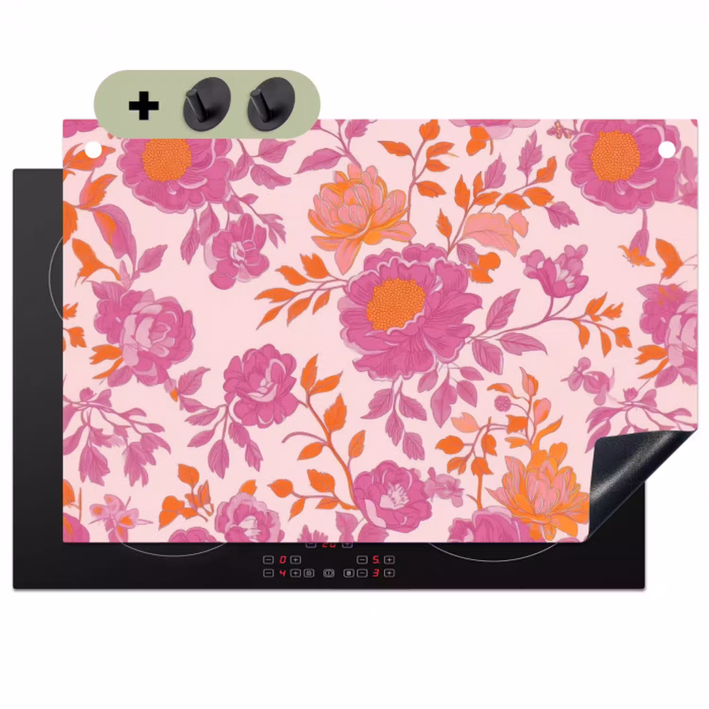 Bloemenpatroon - Roze - Oranje - Bloemen Inductie beschemer met haakjes klein -3d