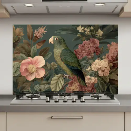 Groene papegaai - Kleurrijke bloemen - Donkere achtergrond keuken achterwand spatscherm klein -3d_website