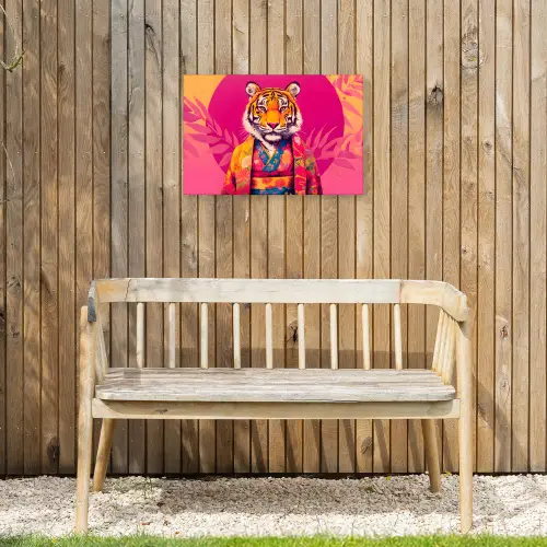 Tijger - Kimono - Planten - Roze Tuinposter op houten frame 2 cm dik klein -sfeer4