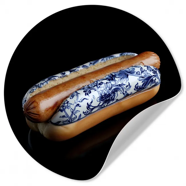 Hotdog - Porselein - Delfts blauw - Eten Wandcirkel behangsticker klein -3d