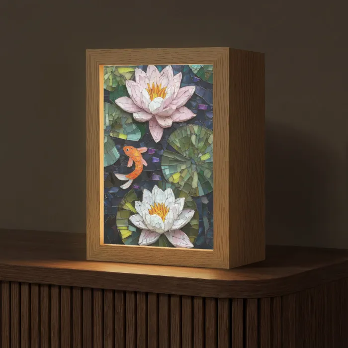 Glasstukjes - Leliebladeren - Vis - Oranje Light Box met kabel (Tafellamp) klein -z3d_website