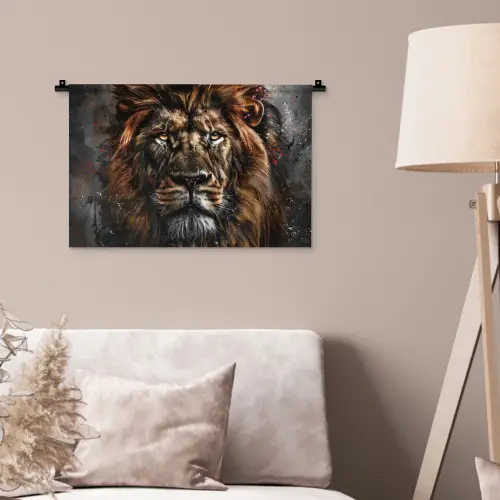 Leeuw - Dieren - Portret - Zwart - Luxe Wandkleed katoen klein -sfeer4