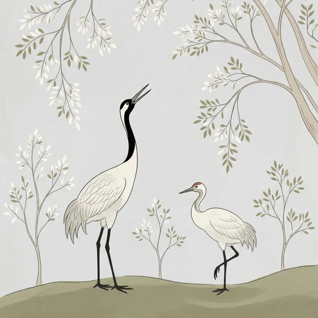 Behang - Minimalistisch - Kraanvogels - Blauw