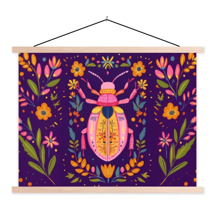 Kever - Felgekleurd - Bloemen - Bladeren textielposter latten blank klein -3d