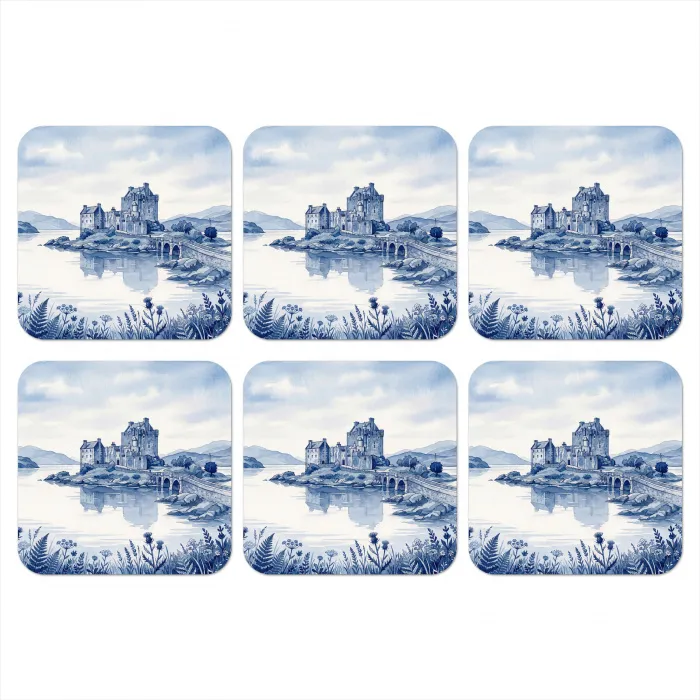 Schots - Kasteel - Blauw - Aquarel onderzetter kurk middel -3d