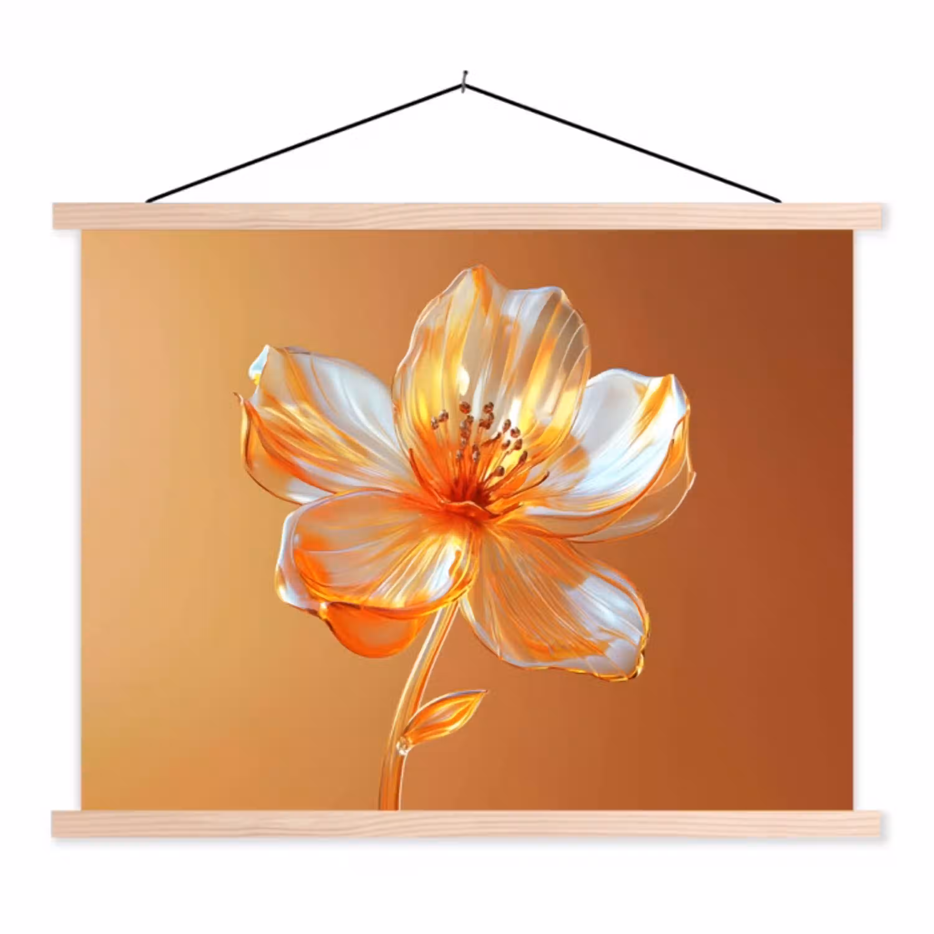 Glazen - Bloem - Oranje textielposter latten blank klein -3d