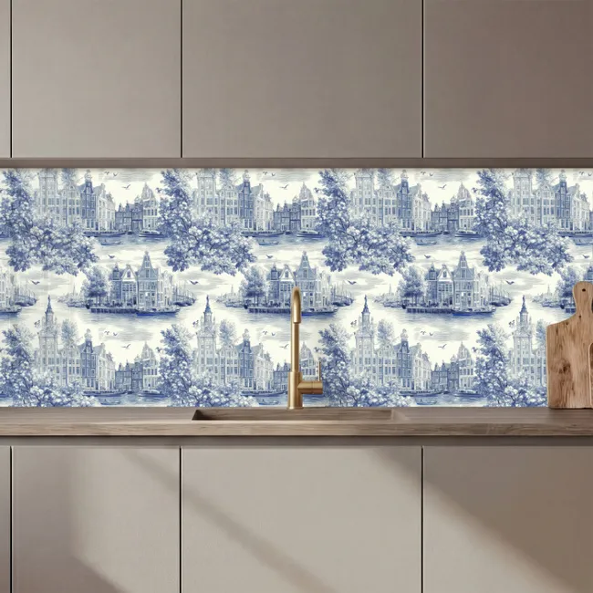 Küchenrückwand - Häuser - Bäume - Wasser - Vögel - Blau