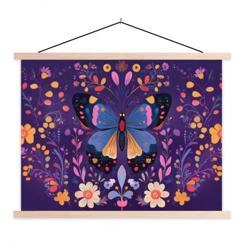 Sierlijk - Bloemen - Vlinder - Paars textielposter latten blank klein -3d