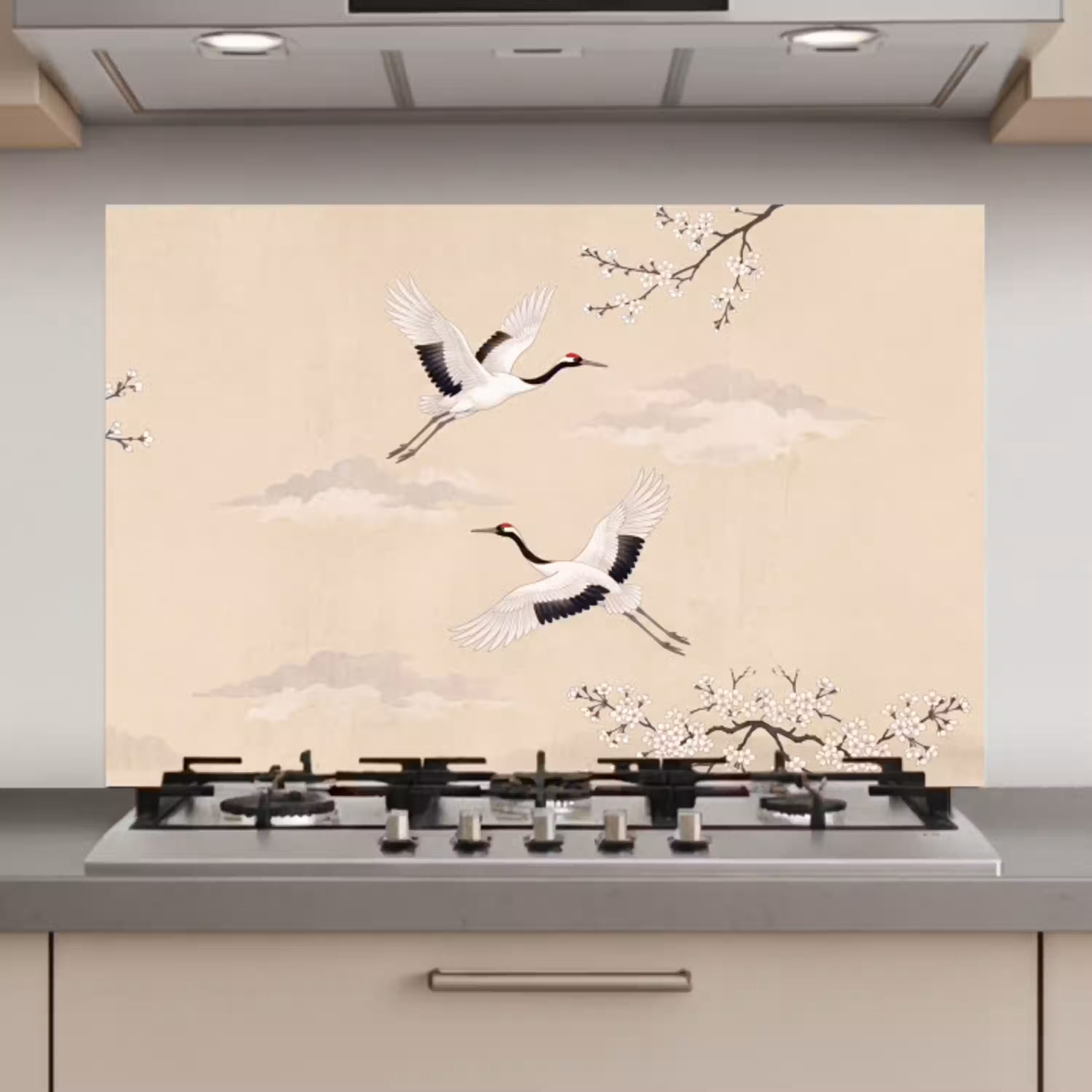Kraanvogels - Bloesem - Beige keuken achterwand spatscherm klein -3d_website