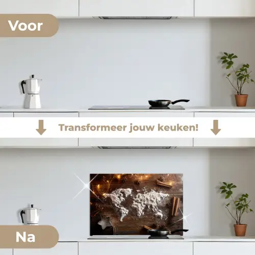 Wereldkaart - Poedersuiker - Hout keuken achterwand spatscherm klein -voor_na_NL