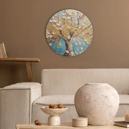 Boom - Blauw - Goud - Abstract - Modern Akoestische PET Vilt - Rond klein -sfeer1