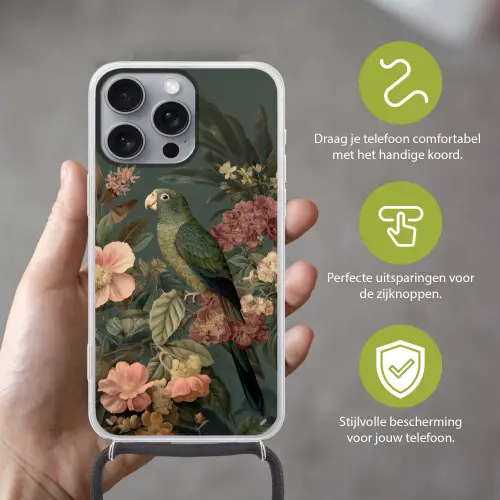 Groene papegaai - Kleurrijke bloemen - Donkere achtergrond Hoesje iPhone 16 Pro Max met koord klein -sfeer2_NL