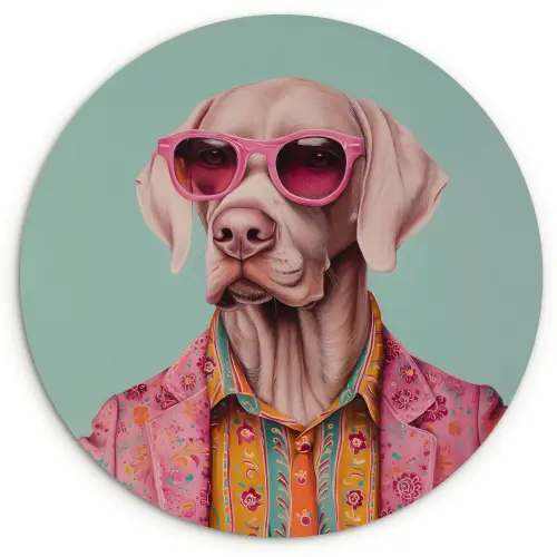 Hond - Overhemd - Bloemen - Bril Wandcirkel kunststof plaat 5mm dik klein -3d