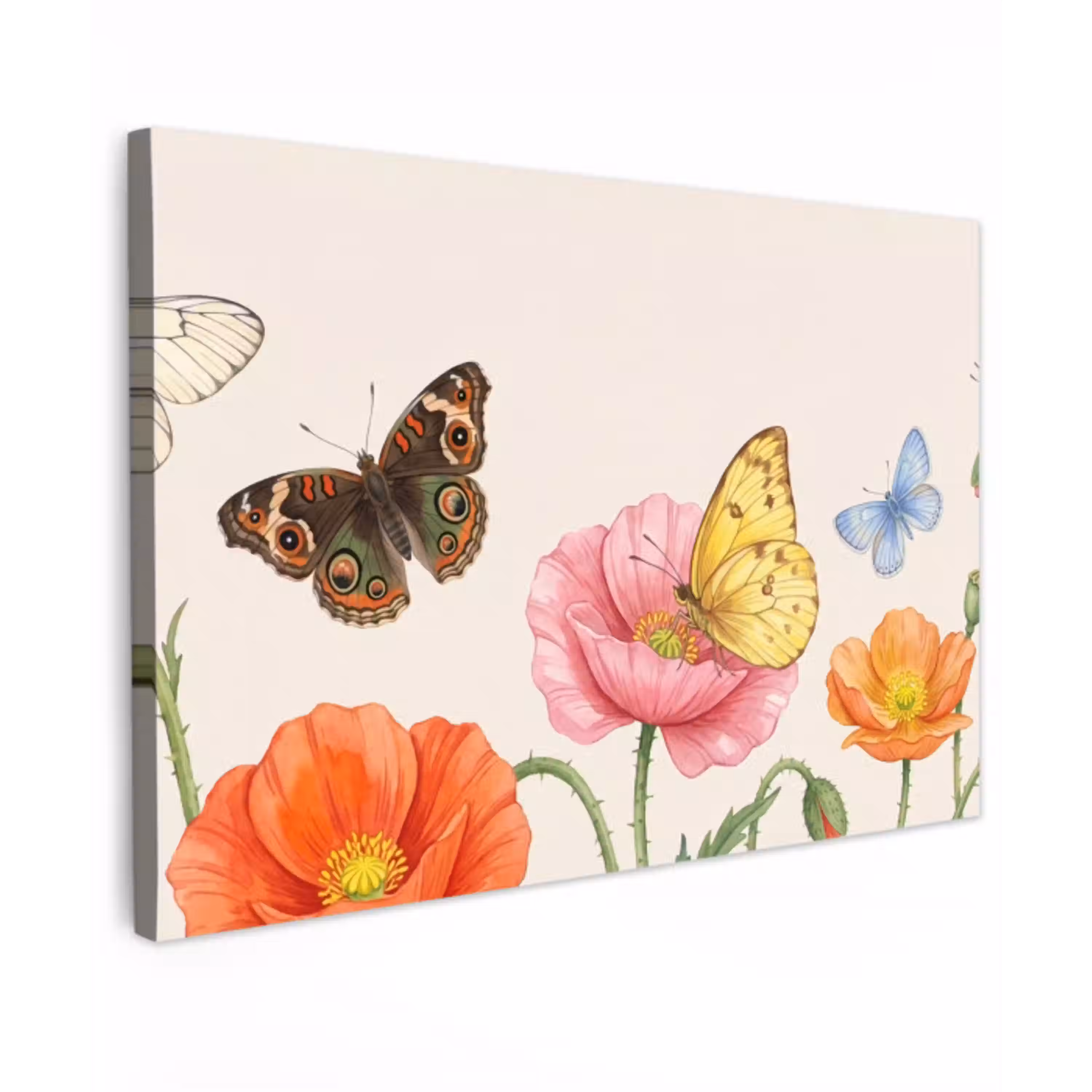 Vlinders - Klaprozen - Illustratie - Kleurrijk Tuinposter op houten frame 2 cm dik klein -3d