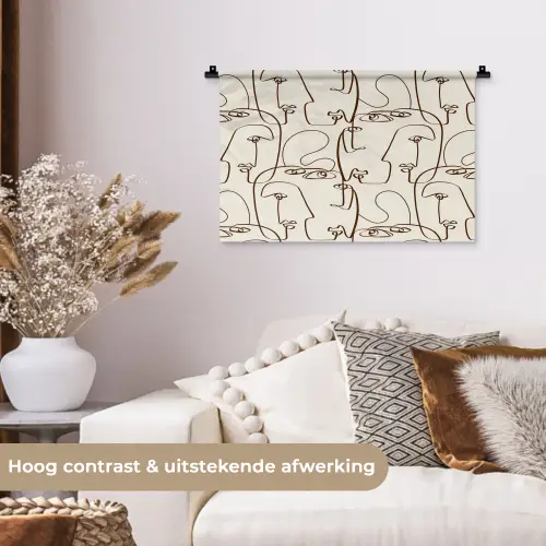 Beige - Gezicht - Lijnen - Bruin Wandkleed katoen klein 269 -sfeer1