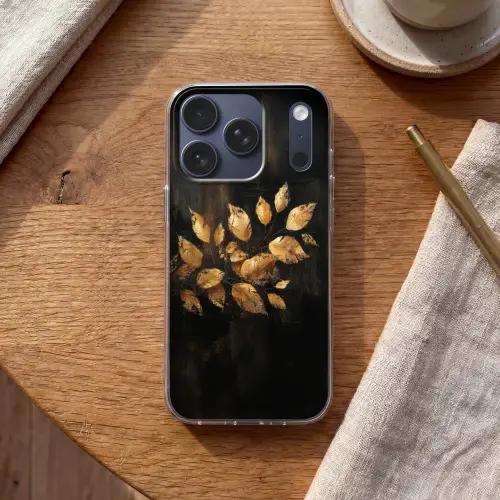 Gouden Bladeren op Donkere Achtergrond Telefoonhoesje iPhone 17 Pro klein -sfeer1