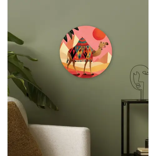 Kameel - Pyramides - Rode zon Wandcirkel kunststof plaat 5mm dik klein -sfeer3