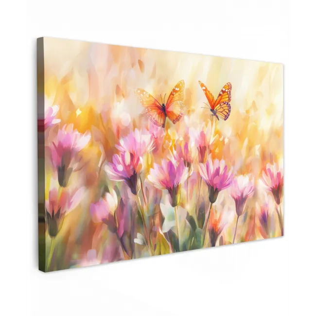 Vlinders - Oranje - Bloemen Tuinposter op houten frame 2 cm dik klein -3d