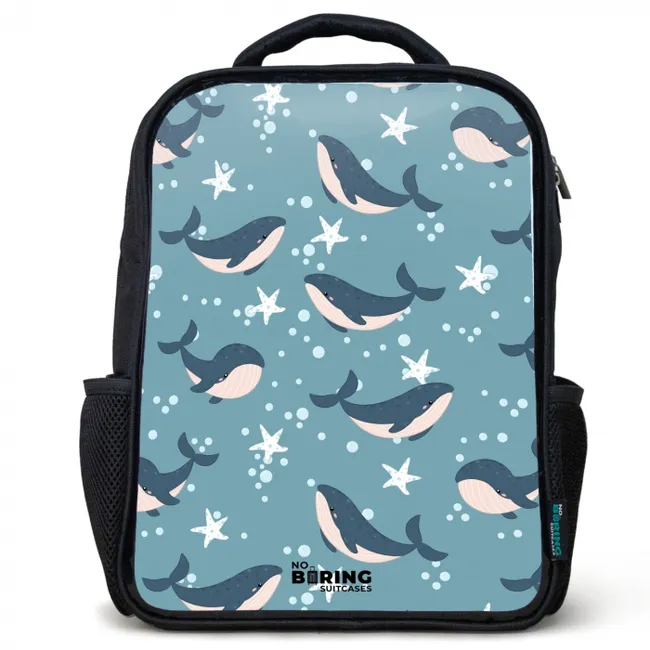 Rugzak kind - Zwart - Walvissen met zeesterren patroon blauw