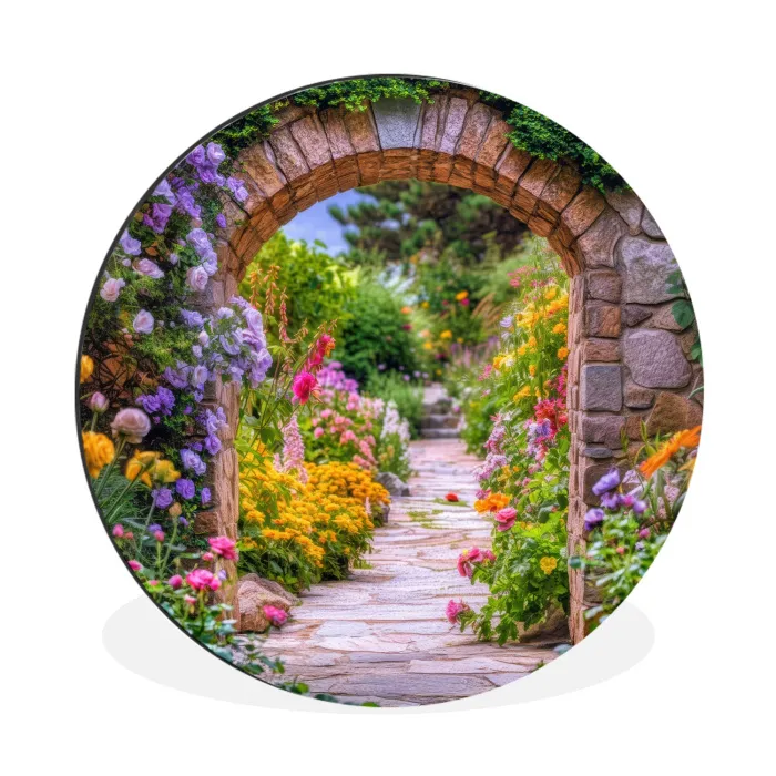 Doorkijk - Bloemen - Pad - Natuur Wandcirkel aluminium klein -3d