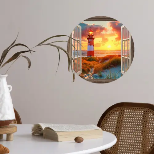 Doorkijk - Raam - Vuurtoren - Zonsondergang - Strand Wandcirkel behangsticker klein -sfeer3