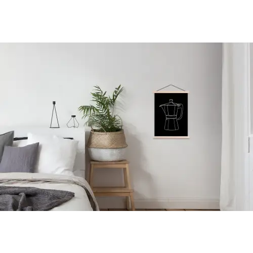 Mokkapot - Zwart - Wit - Lijntekening textielposter latten blank klein -woonkamer