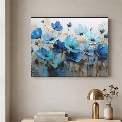 Bloemen - Schilderij - Blauw Textielframe zwart klein -sfeer2