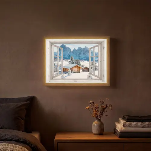 Winterlandschap - Huisje - Bergen - Uitzicht - Doorkijk - Natuur Light Box met batterij (Wandlamp) middel -sfeer4