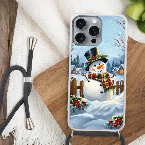 Sneeuwpop - Winterdorp - Kleurrijk Hoesje iPhone 16 Pro Max met koord klein -sfeer4