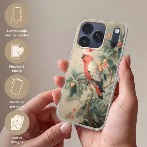 Roze kuifkaketoe - Tak met vruchten - Bladeren Telefoonhoesje iPhone 17 Pro klein -sfeer3_NL