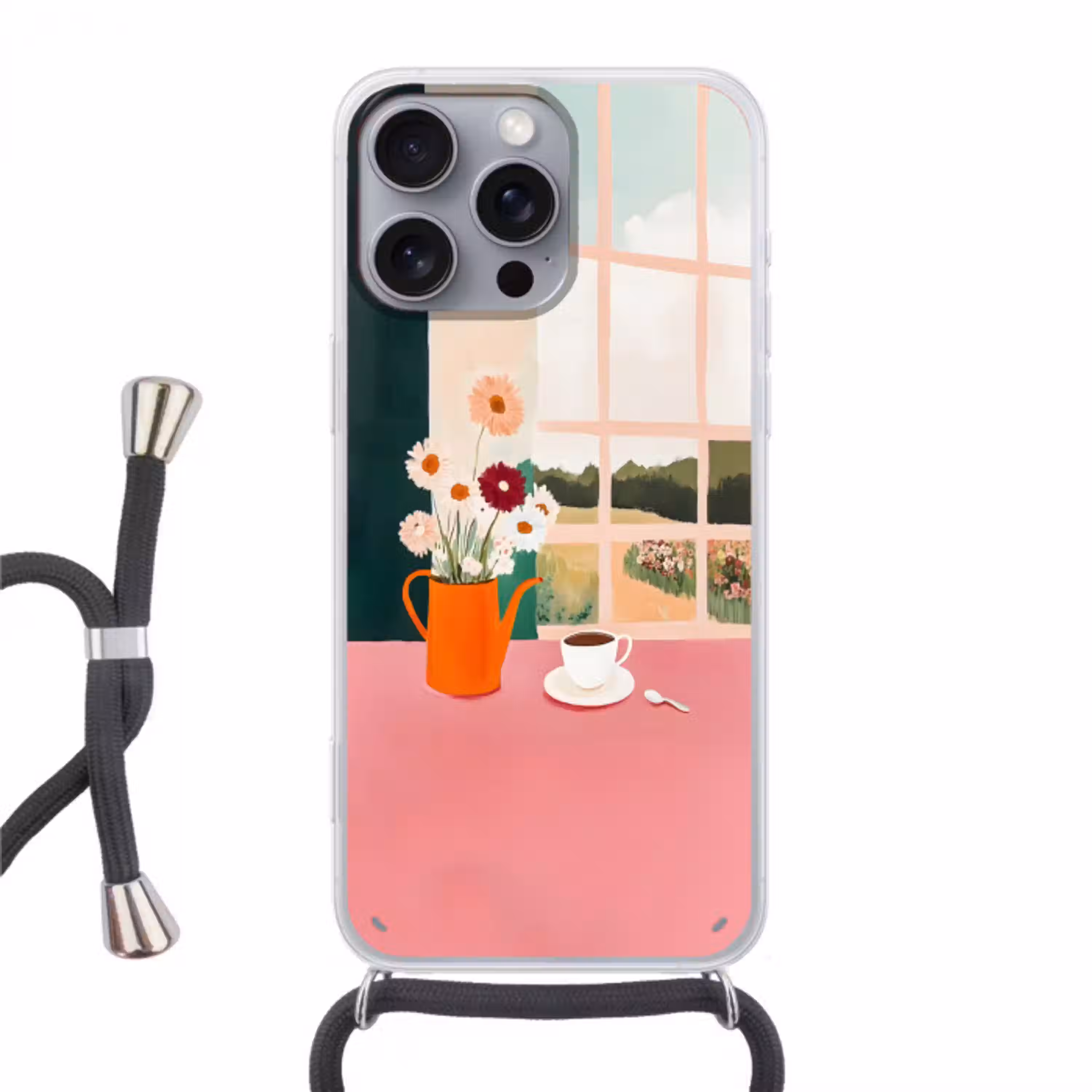 Bloemen - Koffie - Raam Hoesje iPhone 16 Pro Max met koord klein -3d