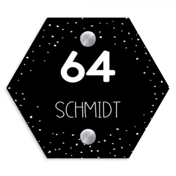 Zwart met stippen - Modern Naambord Hexagon klein -3d